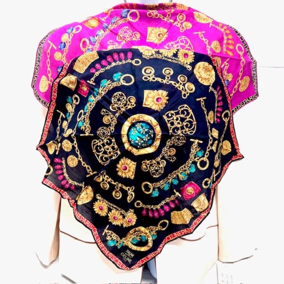 2 New Large Celine Paris Handker/Mini Scarf 20"Cotton Pink Black Gold Chain(51 - Picture 10 of 16